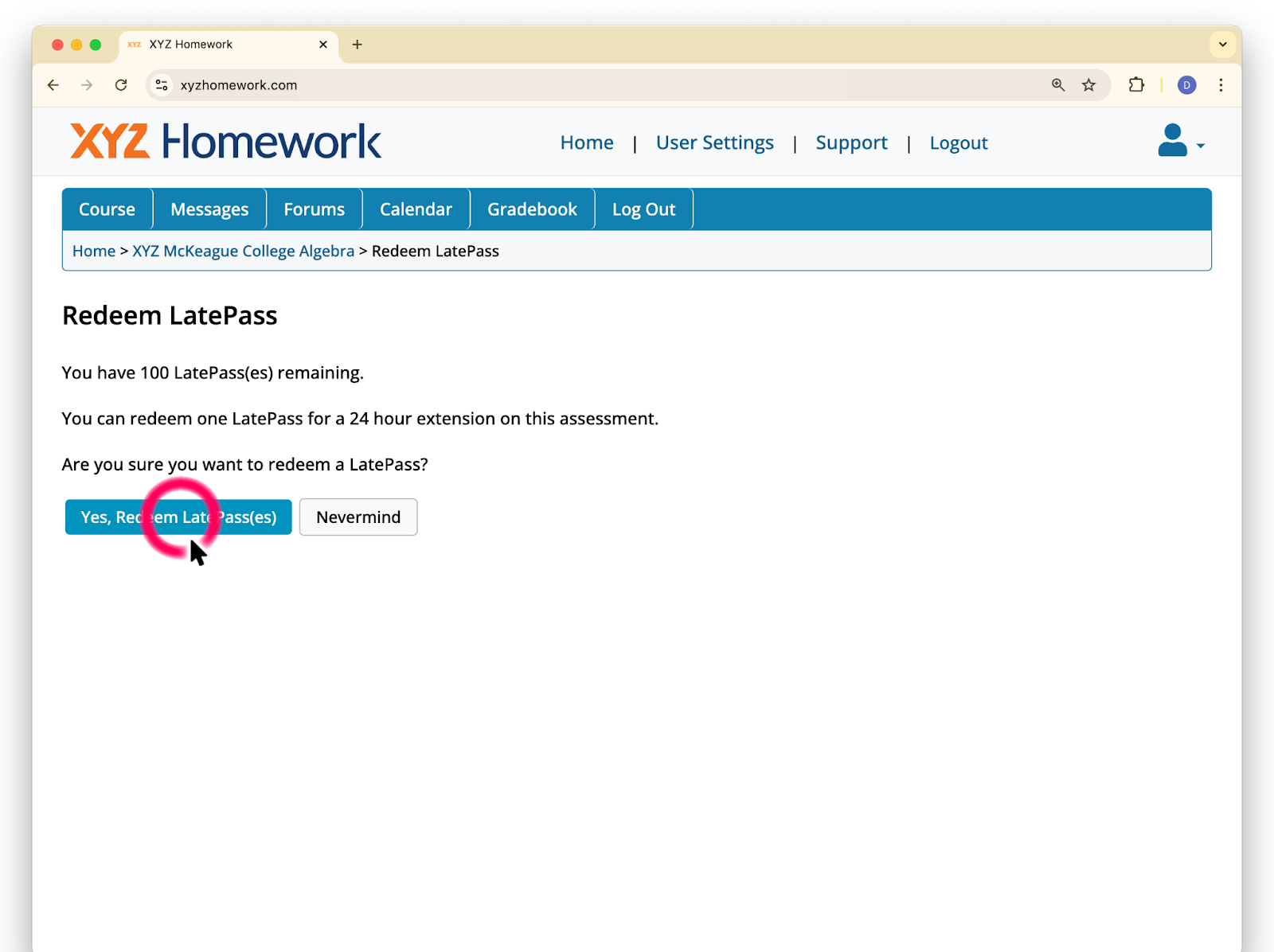 Image of the Redeem LatePass screen. Students must choose Yes, Redeem LatePass to work on the assignment for credit.