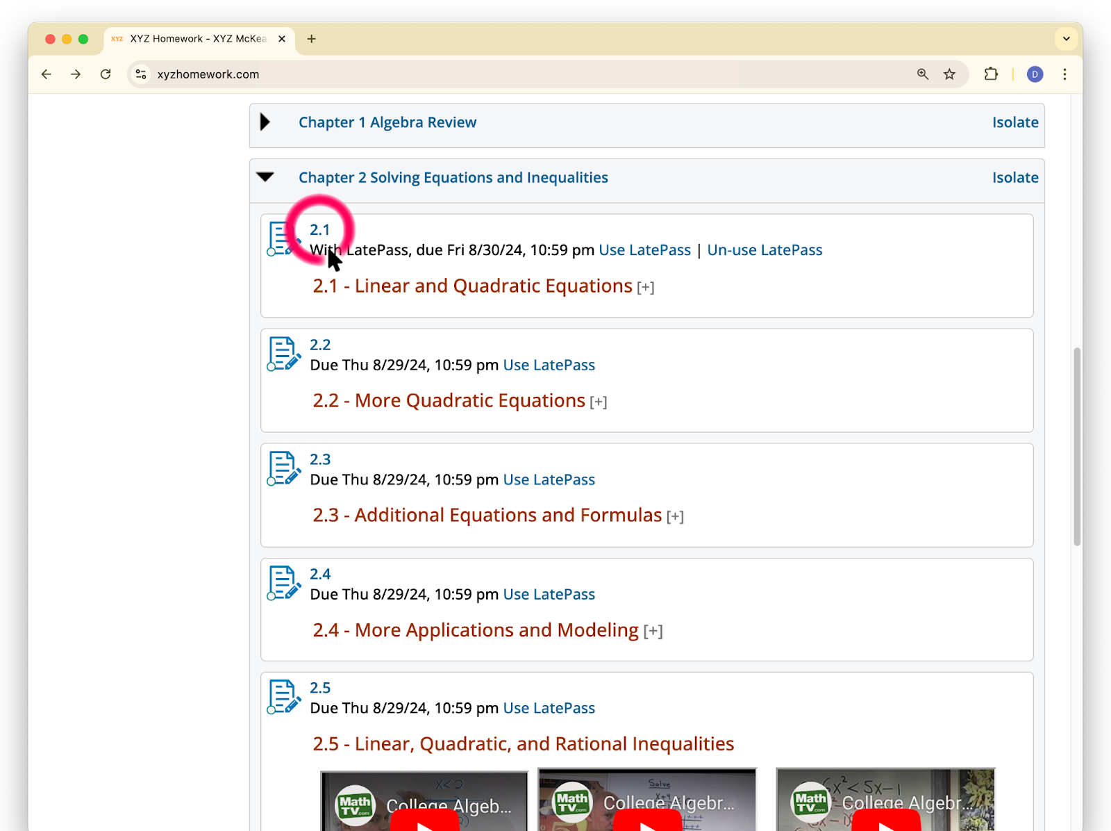 Image from the chapter folder showing that the student can now access the assignment after using a LatePass.