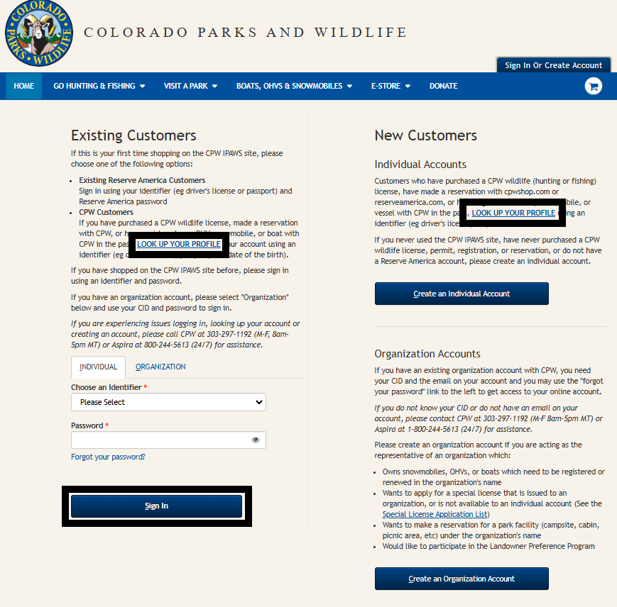 Screenshot of the sign-in page on CPWshop.com. Two boxes indicating "Look up your profile" link and a black box indicating the sign in button in the lower left-hand corner.
