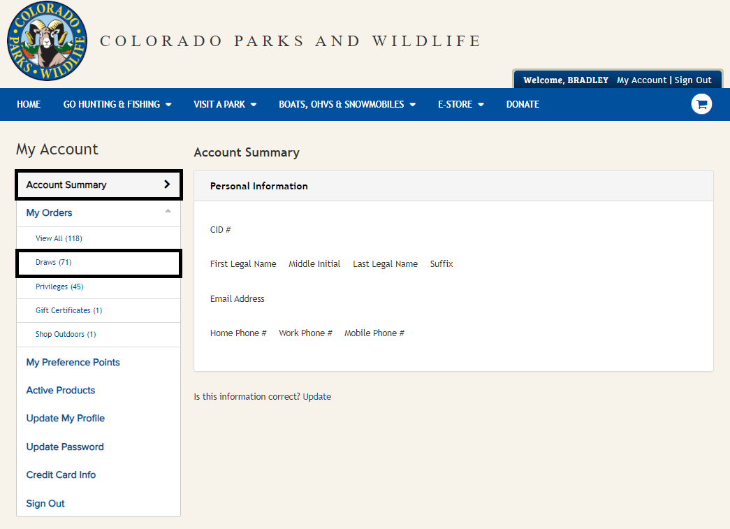 Screenshot of CPWshop.com account summary page. Black boxes indicate the "Account Summary" dropdown menu and "Draws".