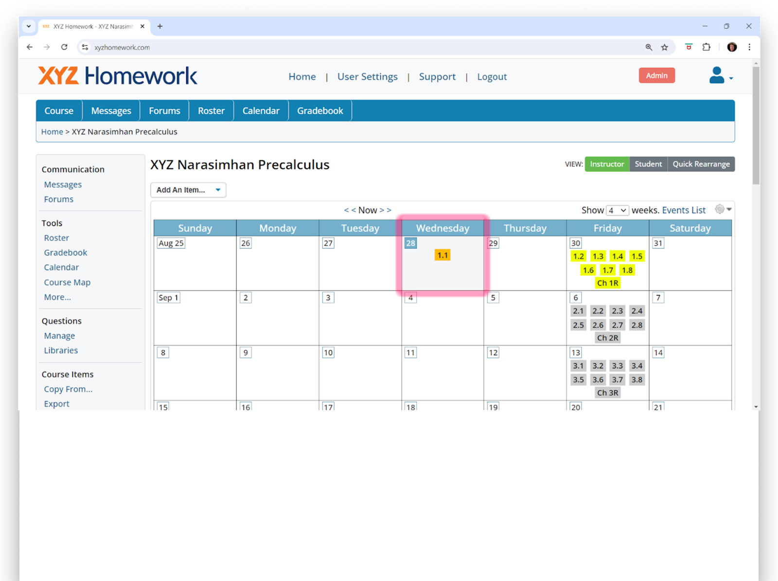 Image of main course page including calendar showing 1.1 with new due date.