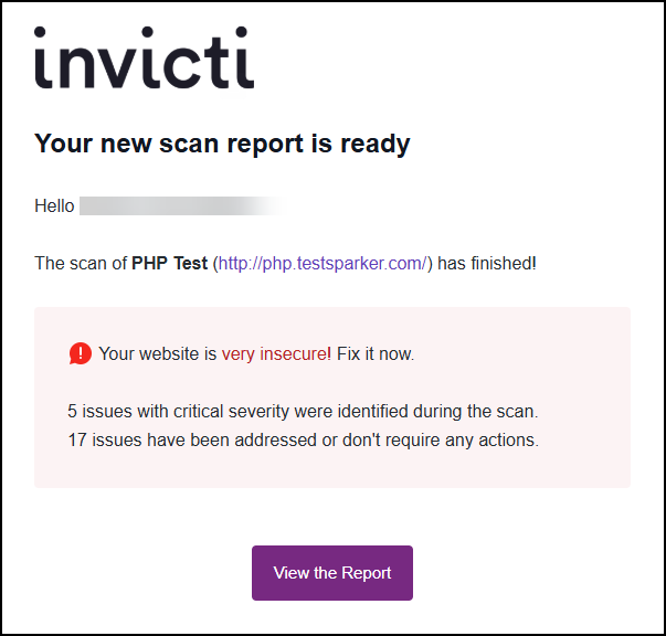 Scan report email after finished scan in Invicti Enterprise.