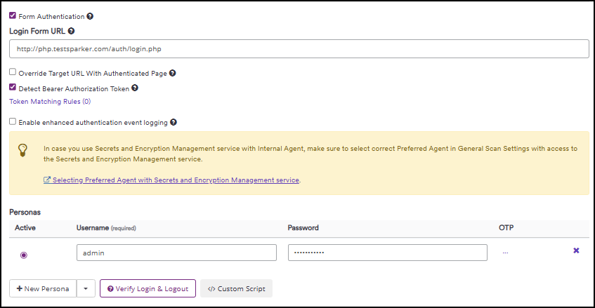 Form authentication options during scan in Invicti Enterprise.