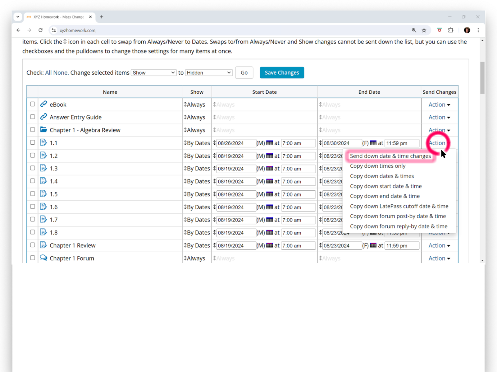 Image showing the Mass Change Dates screen with the options under the Action drop down.