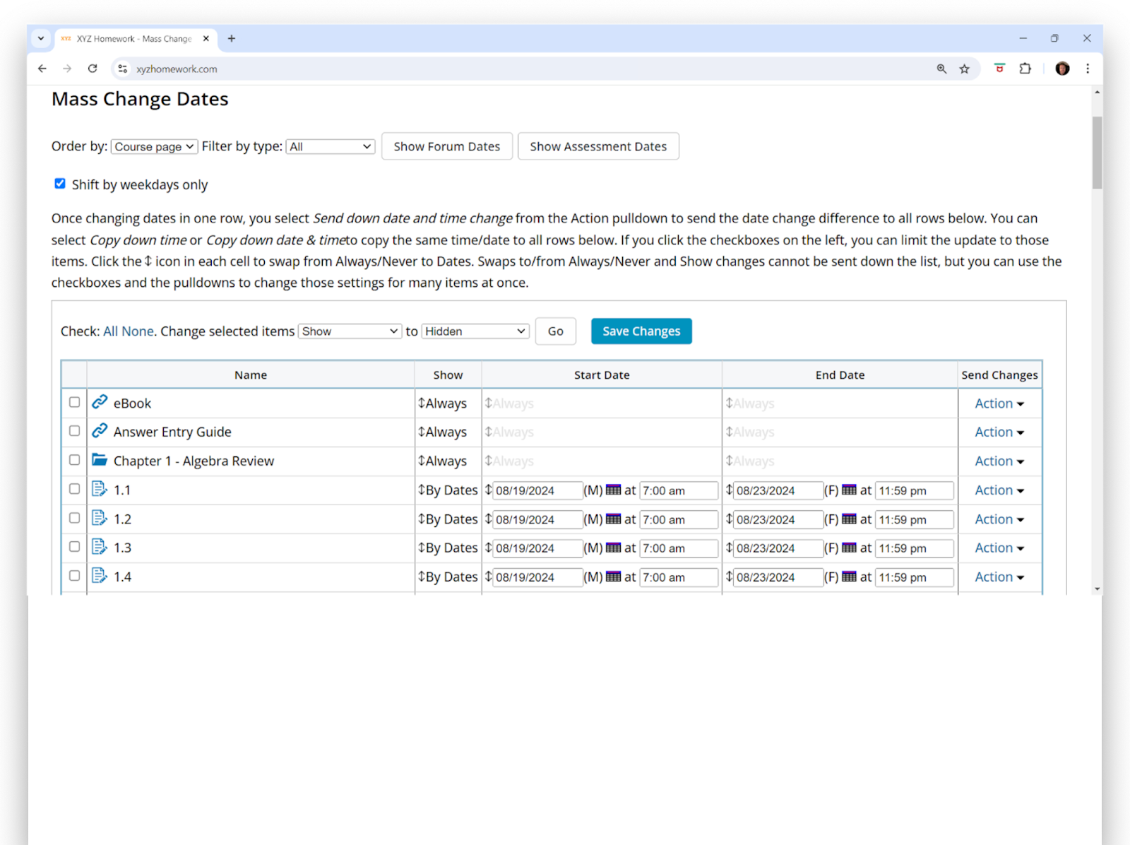 Image showing the Mass Change Dates screen with options available for adjusting the Start Date and End Date
