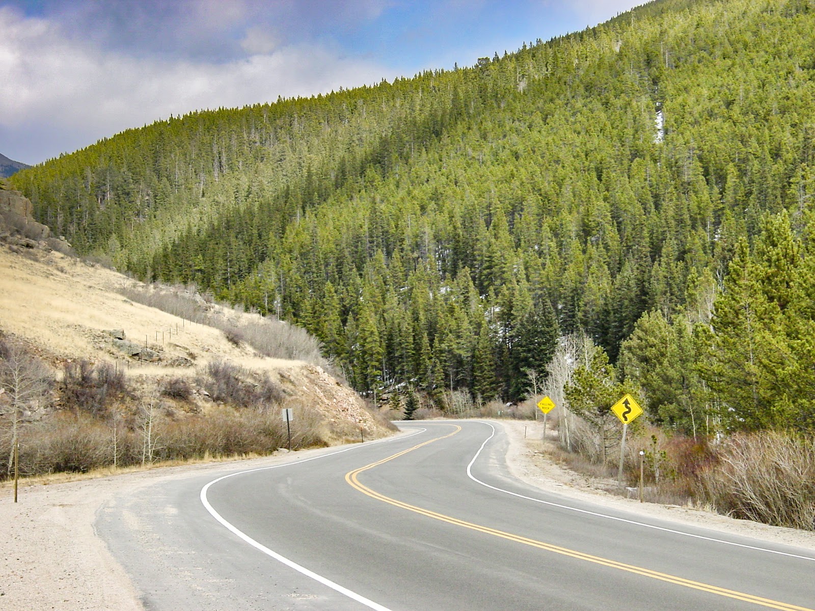 Road curves down between pine slopes.
