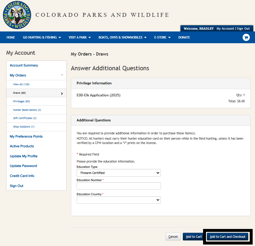 Screenshot of CPWshop.com application modification hunter education information fields. Black box indicating "add to cart and checkout"