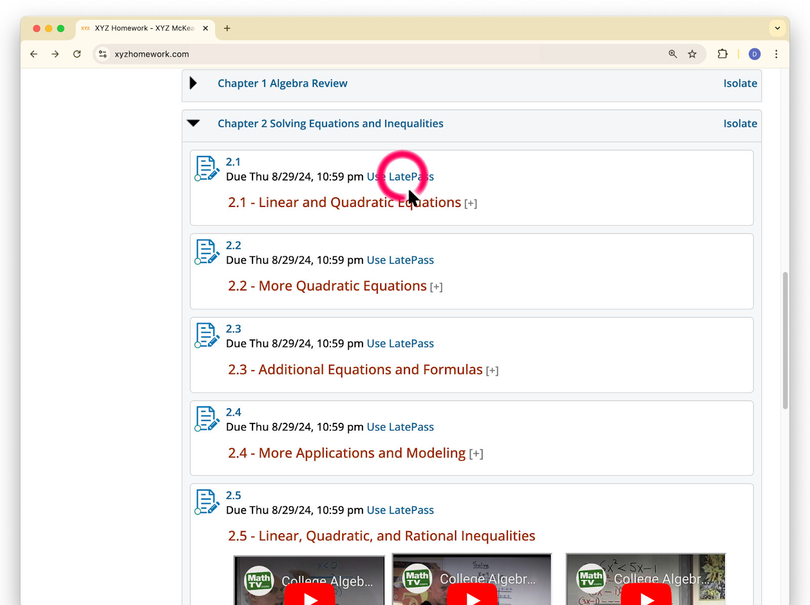 Image of the chapter folder. Students will be able to select Use LatePass for past due assignments if the instructor has allowed it.