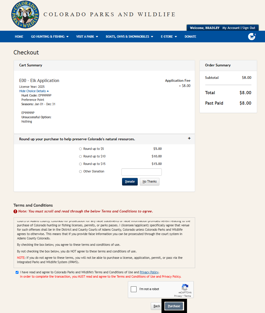 Screenshot from CPWshop.com application modification checkout page. Black box indicating "Purchase".