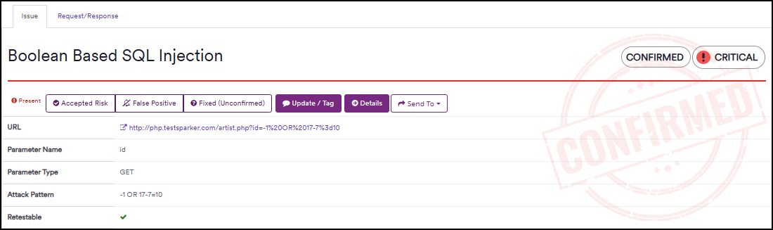 Details of a found and confirmed critical vulnerability of Boolean Based SQL Injection. 
