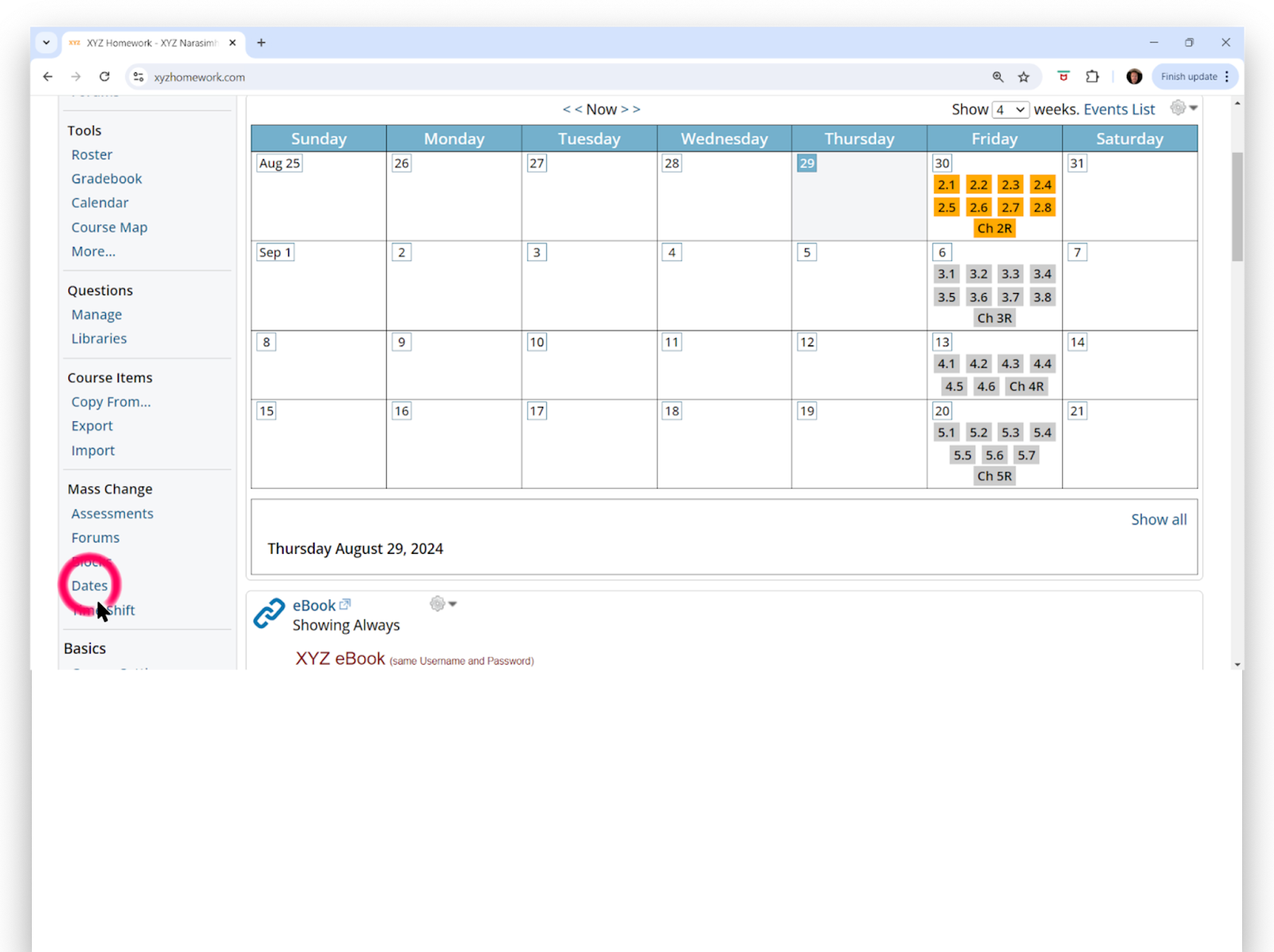 Image showing the course homepage and the calendar with assignments