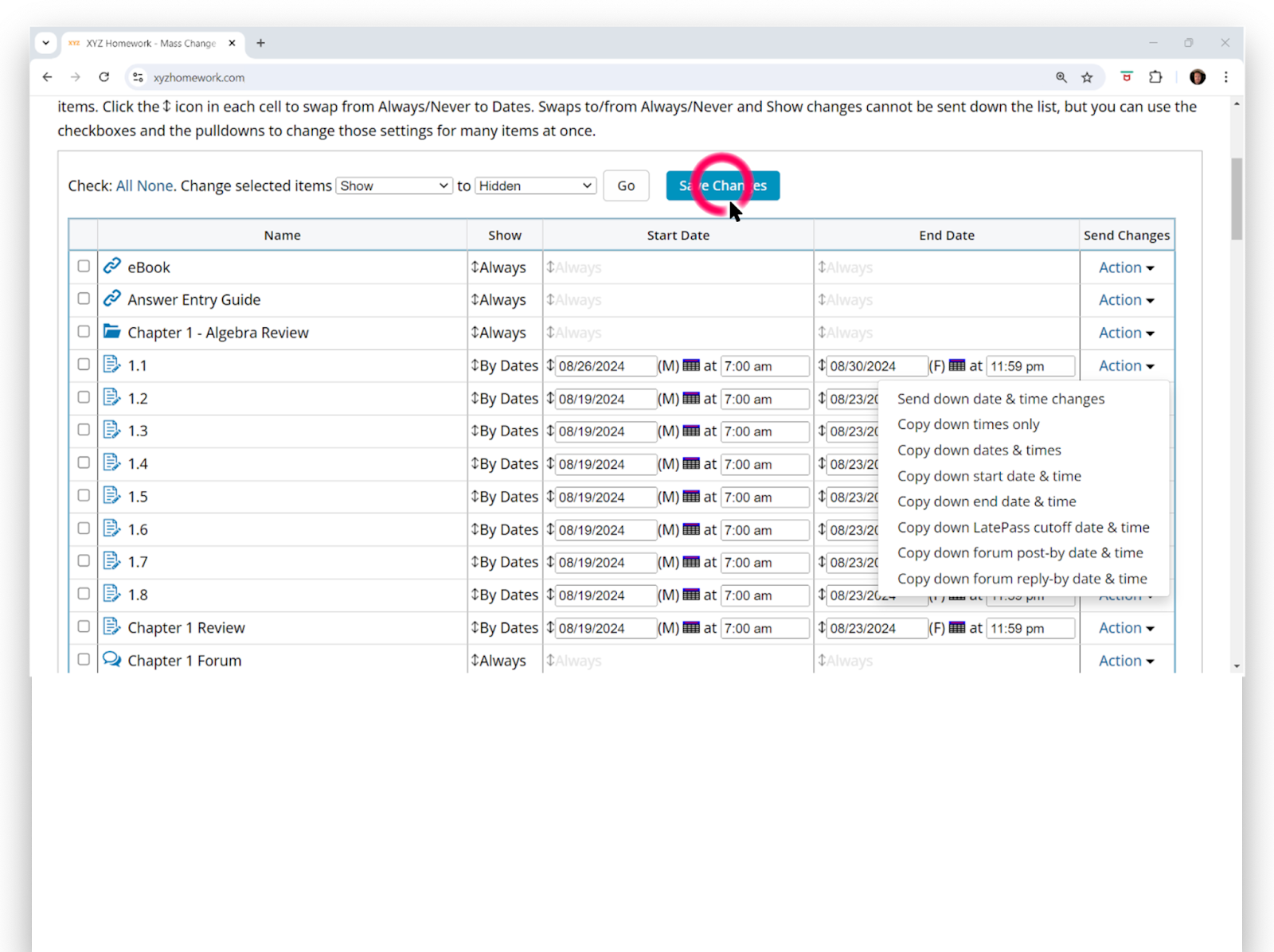 Image showing the Mass Change Dates screen showing the updated dates after sending down changes.