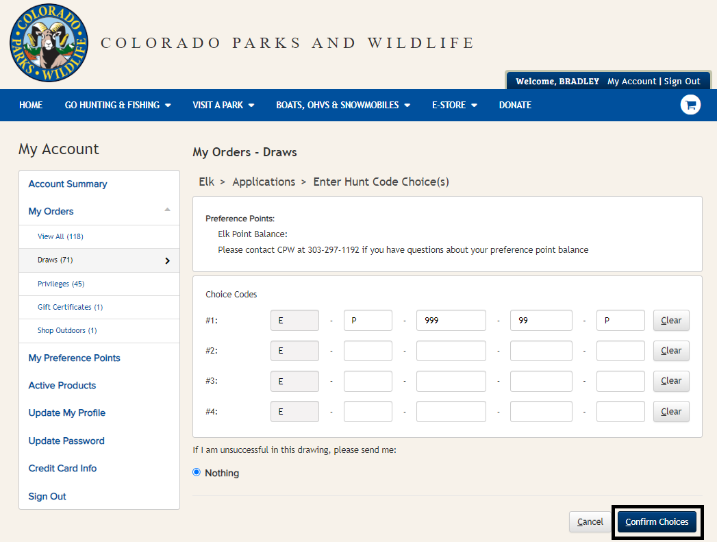 Screenshot of CPWshop.com application modification to a hunt code. Black box indicating confirm choices in the lower right-hand corner.