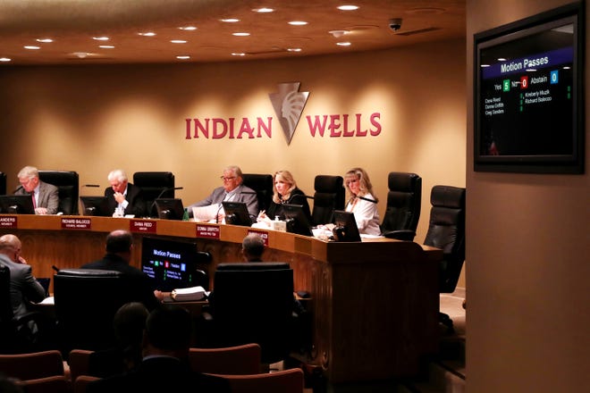 Indian Wells councilmembers Greg Sanders, left, Richard Balocco, Mayor Dana Reed, Mayor Pro Tem Donna Griffith and councilmember Kimberly Muzik preside over a regular council meeting in Indian Wells, Calif., on Thursday, May 19, 2022. 