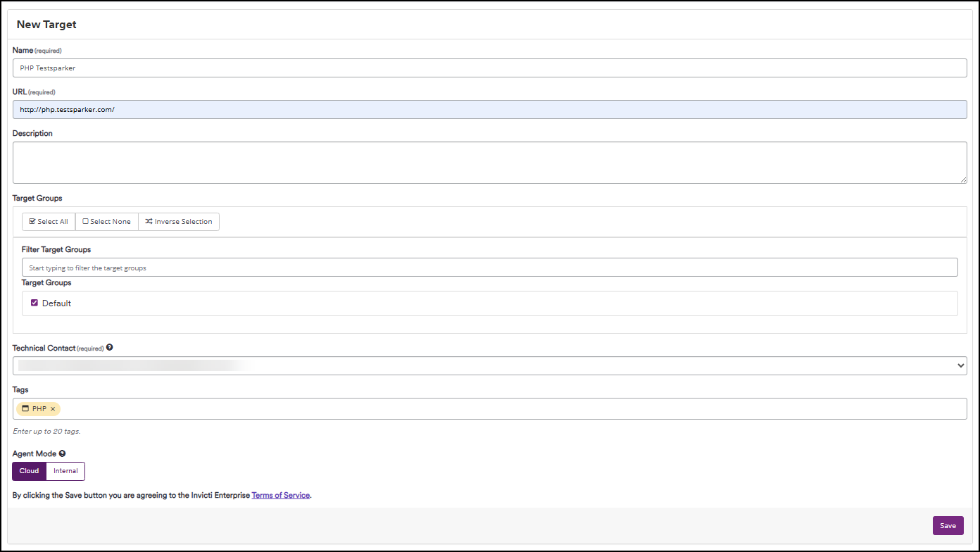 Add a new target website in Invicti Enterprise.