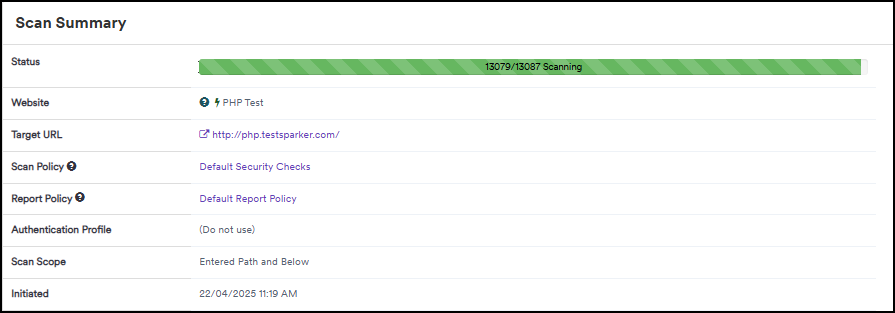 Real-time scan summary in Invicti Enterprise.
