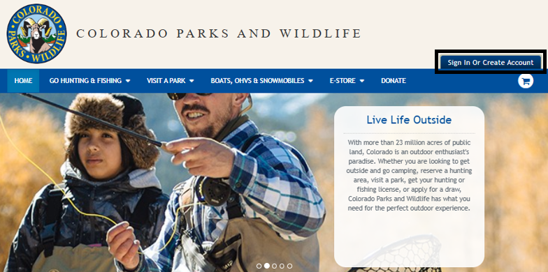 Screenshot of CPWshop.com home page. Black box highlighting the "sign in or create account" link in the upper right-hand corner. 