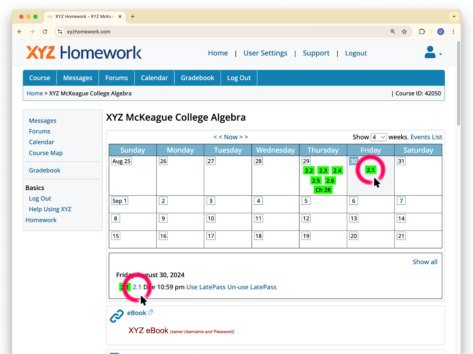 Image of the calendar on the main course page showing the new due date for an assignment after the use of a LatePass.