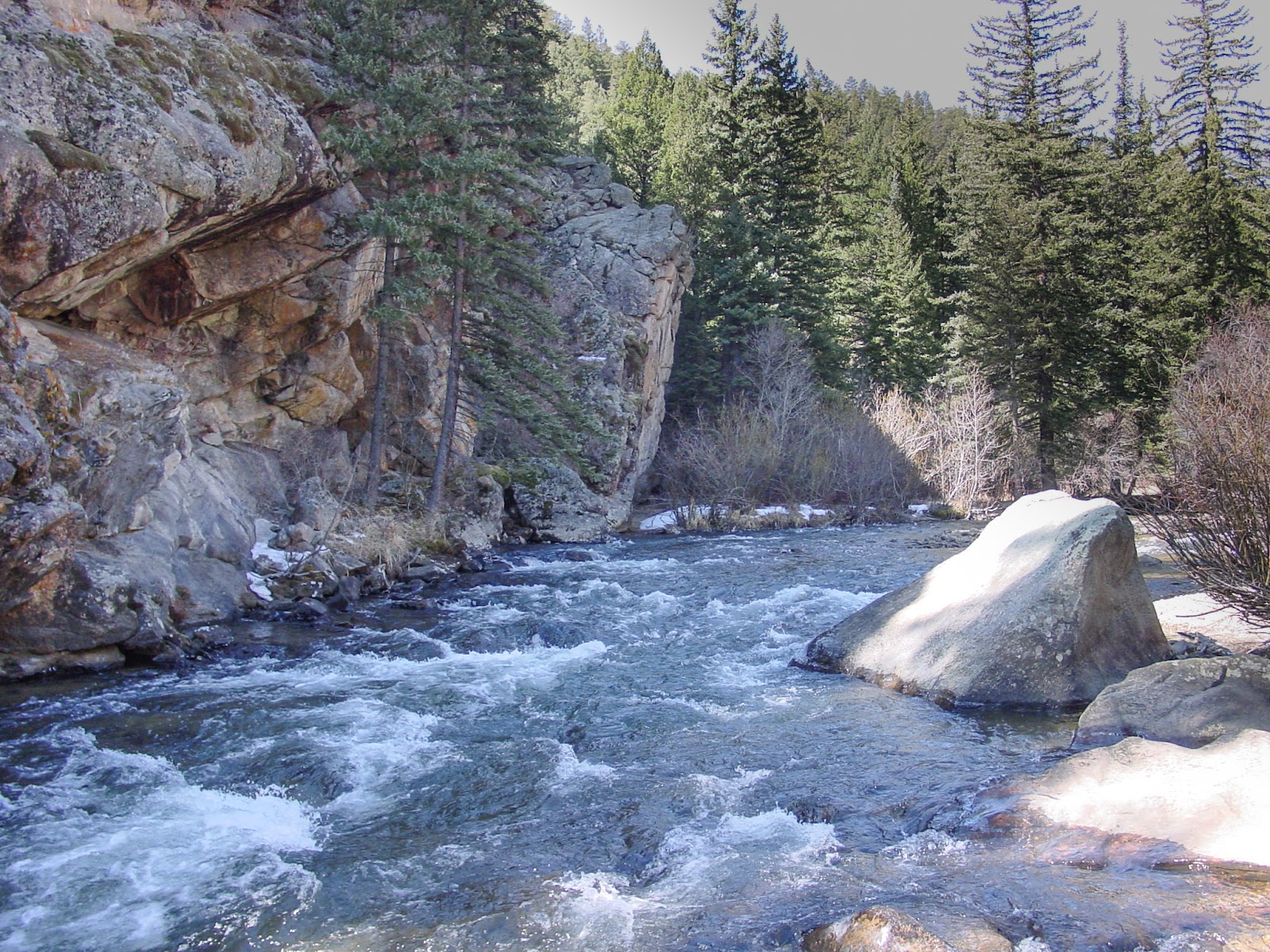 A fast creek runs by a shady cliff.