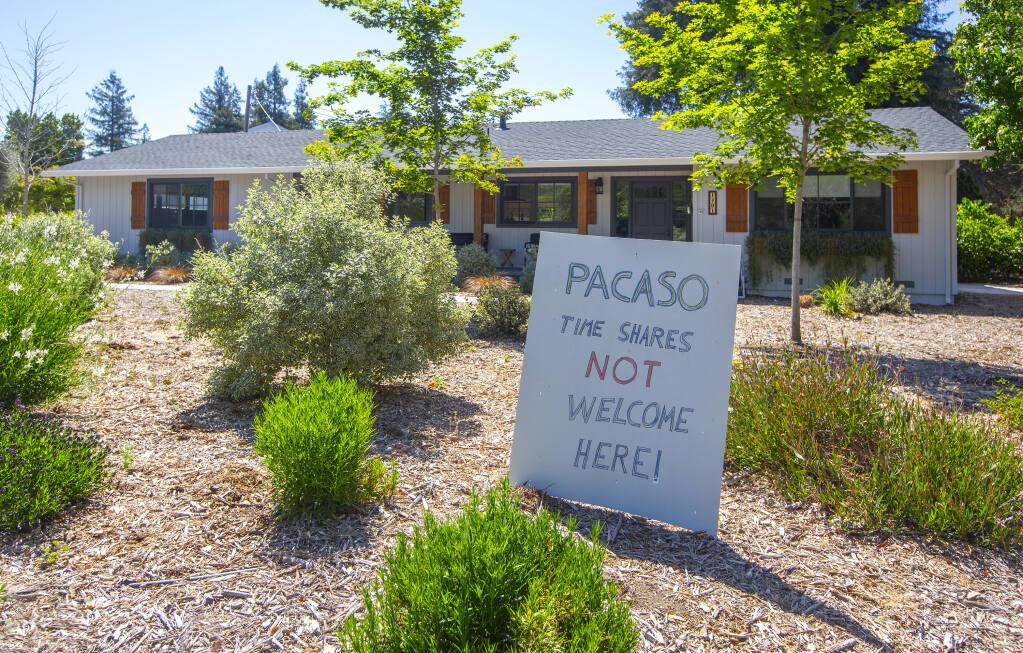 Pacaso, a shared home-ownership agency, have purchased and remodeled a home on Old Winery Court, a cul-de-sac off Old Winery Road. The neighbors are not happy, as evidenced by signs displayed at virtually very home on the court, on Thursday, May 20, 2021. (Photo by Robbi Pengelly/Index-Tribune)