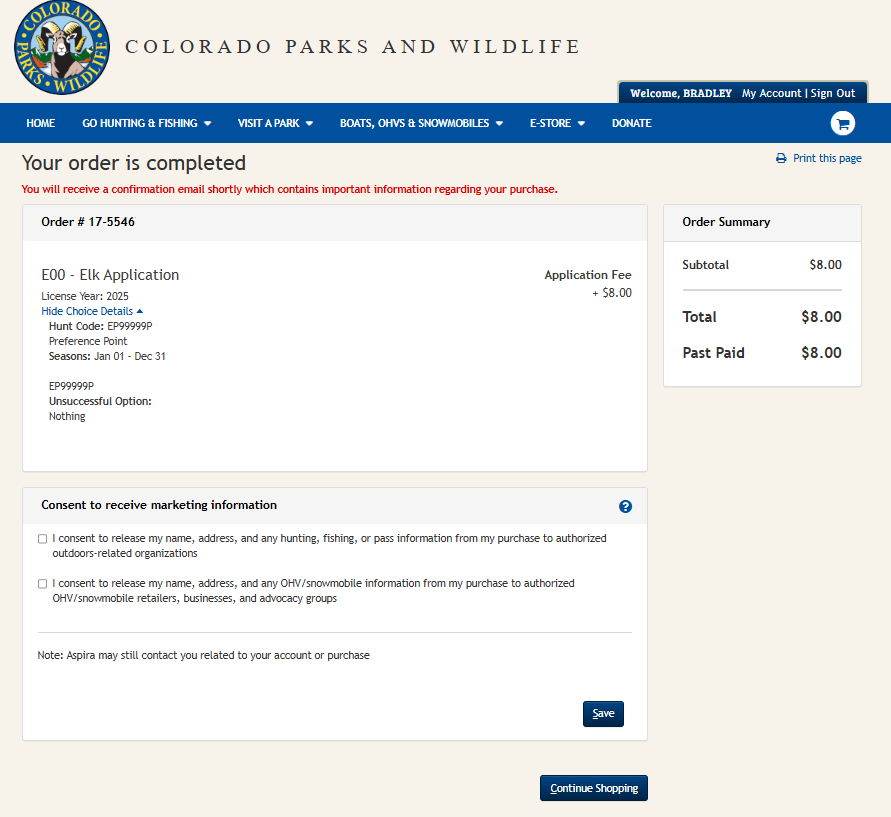 Screenshot of CPWshop.com application modification completed orders page.