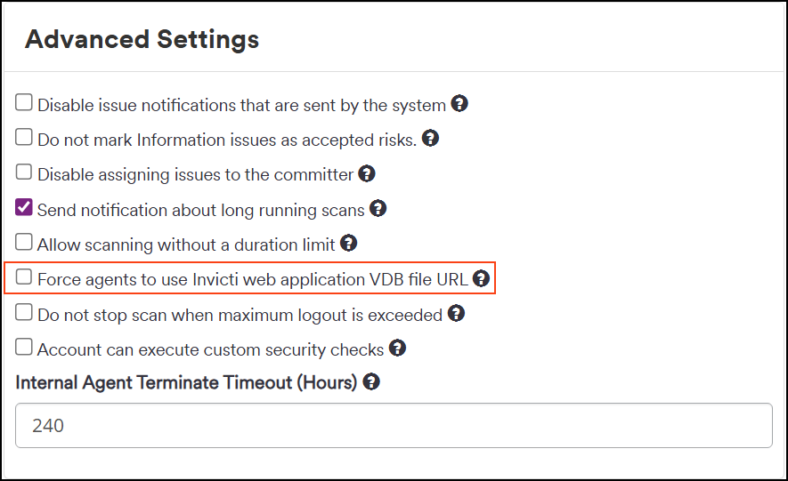 Verify configuration of Force agents to use Invicti web application VDB file URL option.