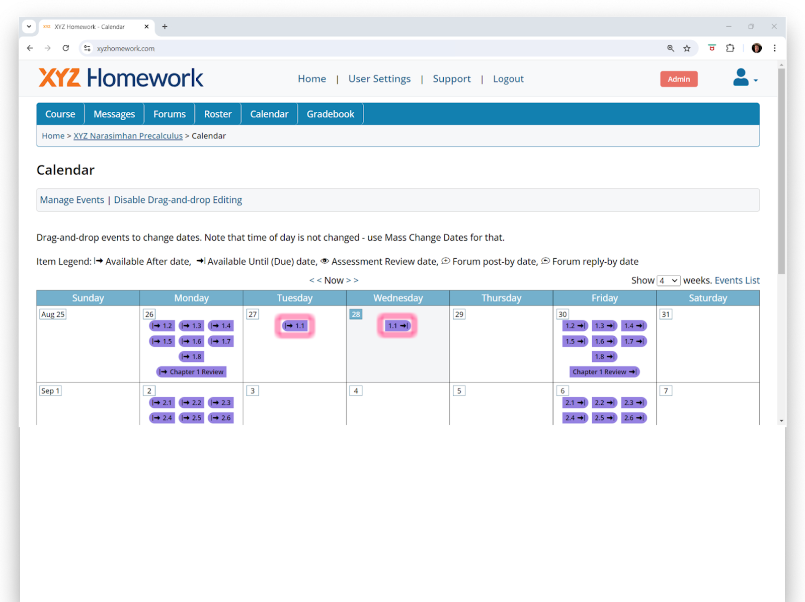 Image showing Calendar view with Drag-and-drop Editing enabled. Each assignment has an icon for the start date and another icon for the end date. Assignment 1.1 dates have been changed by Drag-and-drop.