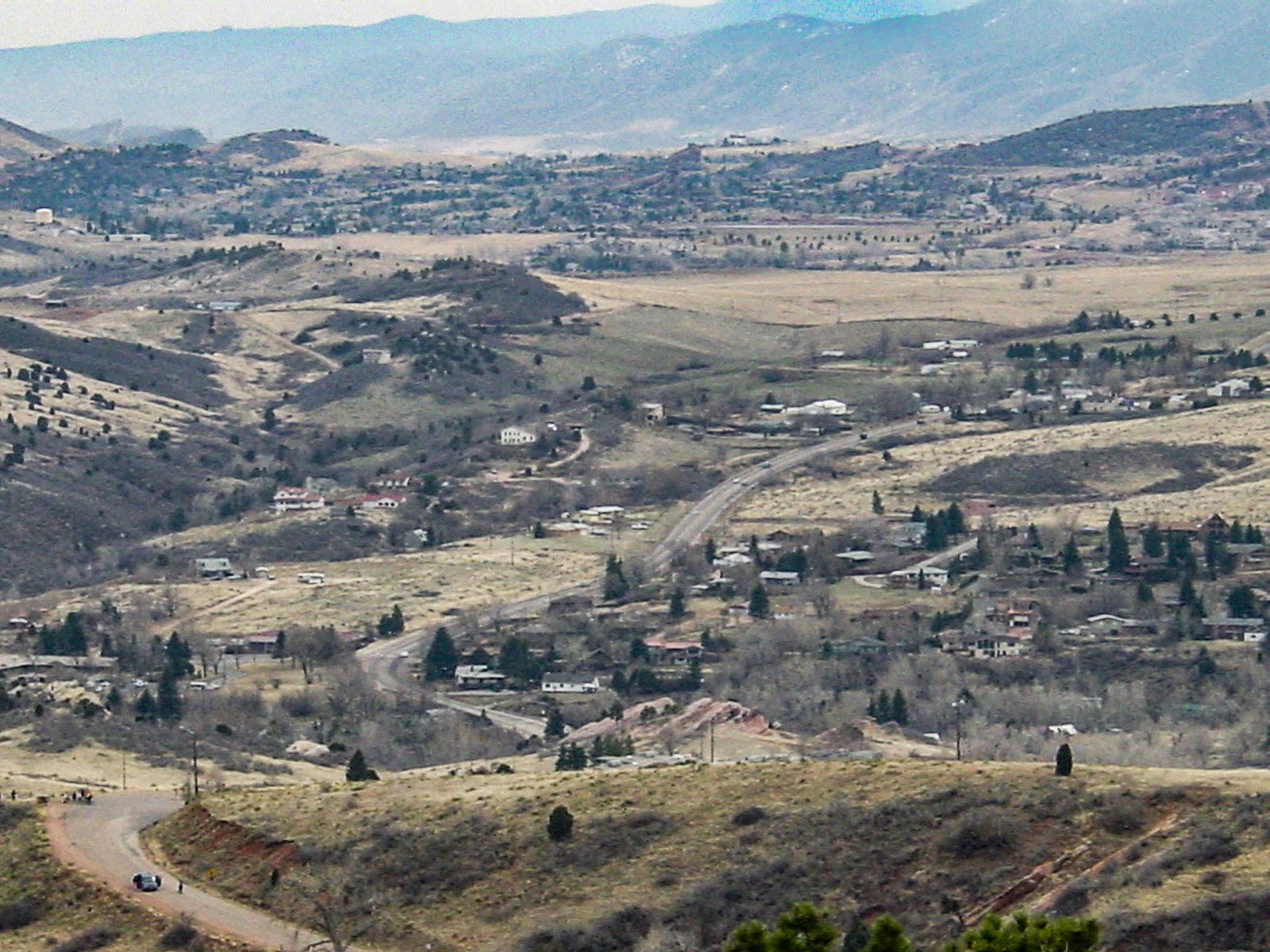 Contoured land with a road and homes.
