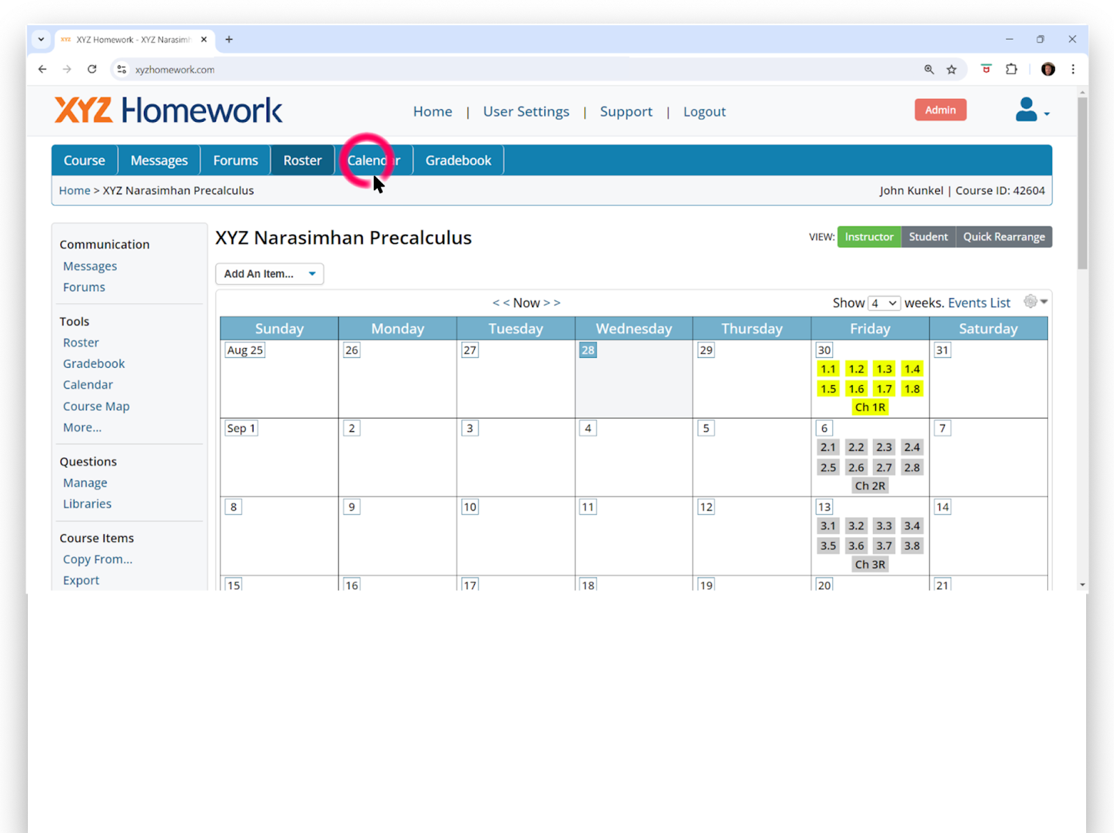 Image showing course homepage including the calendar.