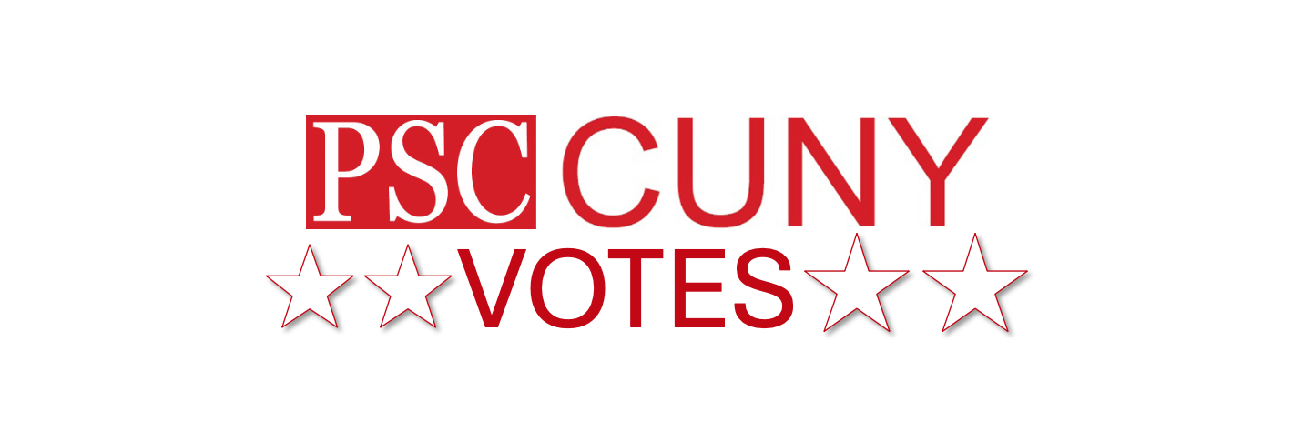 PSC CUNY Logo with the work VOTES below and two stars outlined in red and a light shadow on either side of the word.