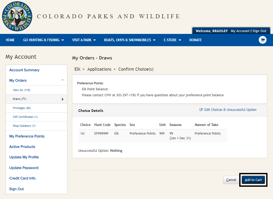Screenshot of CPWshop.com application modification confirm choices page. Black box indicating "add to cart" button in the lower right-hand corner.
