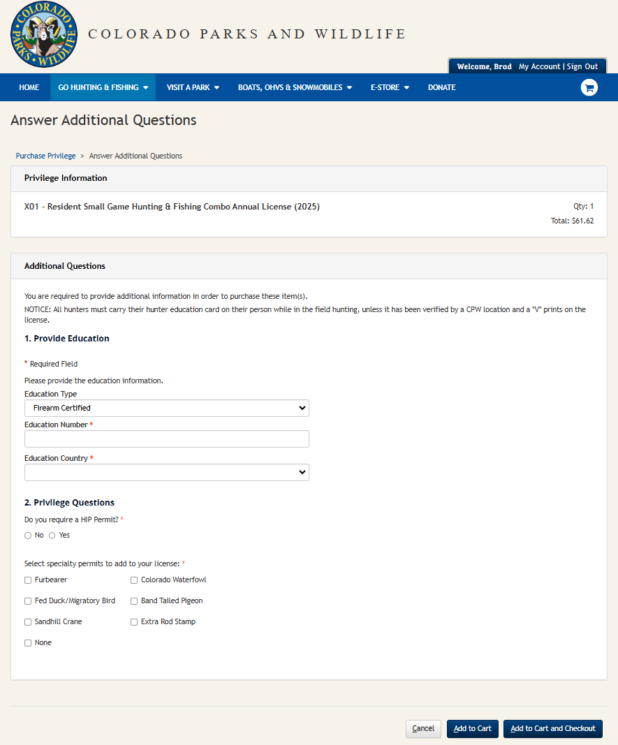CPWshop.com proof of hunter education page with the option to add a harvest information program registration and additional specialty permits.