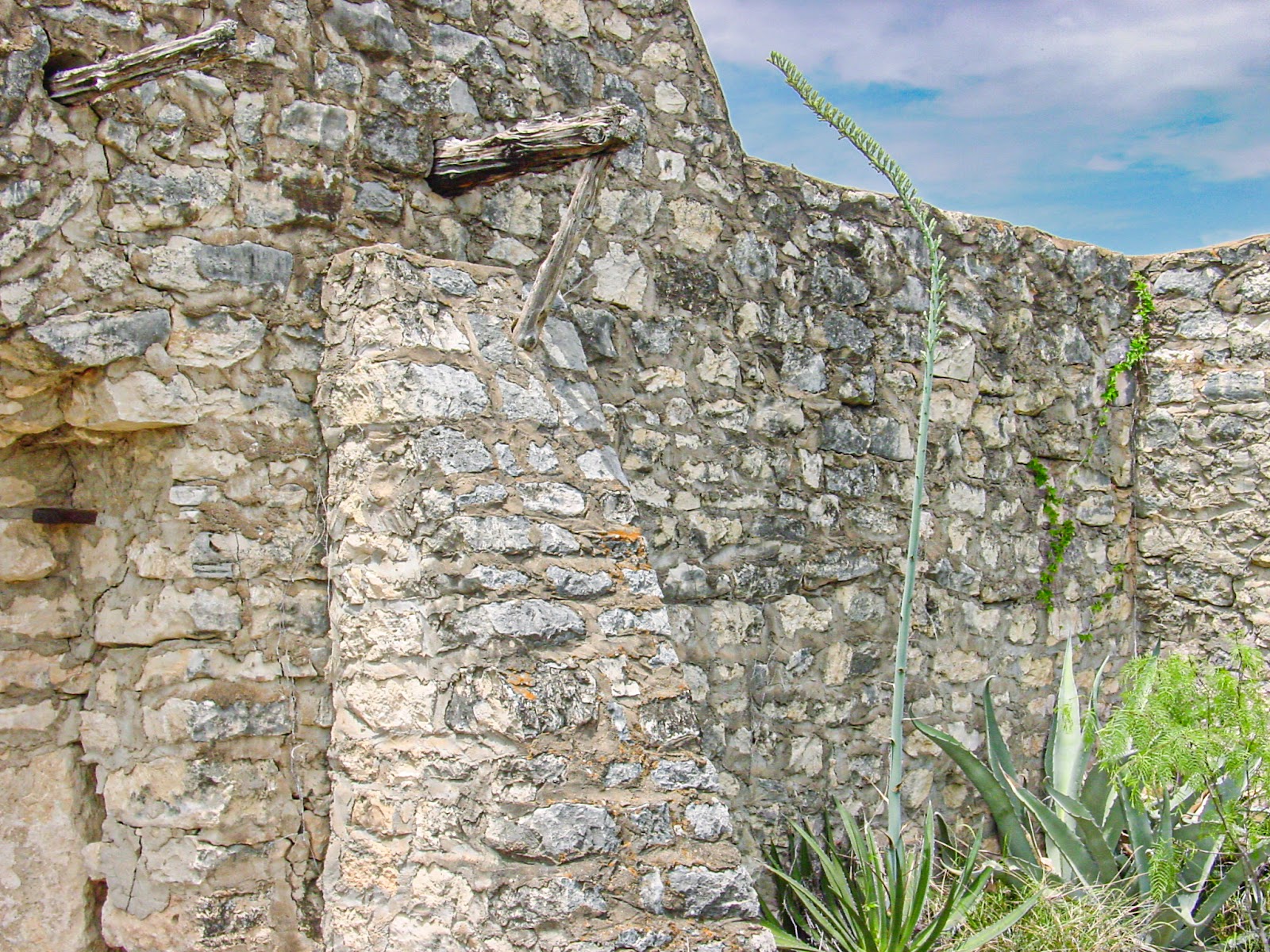 The ruins of an old fieldstone structure showing the mortar and wood frame among weeds.