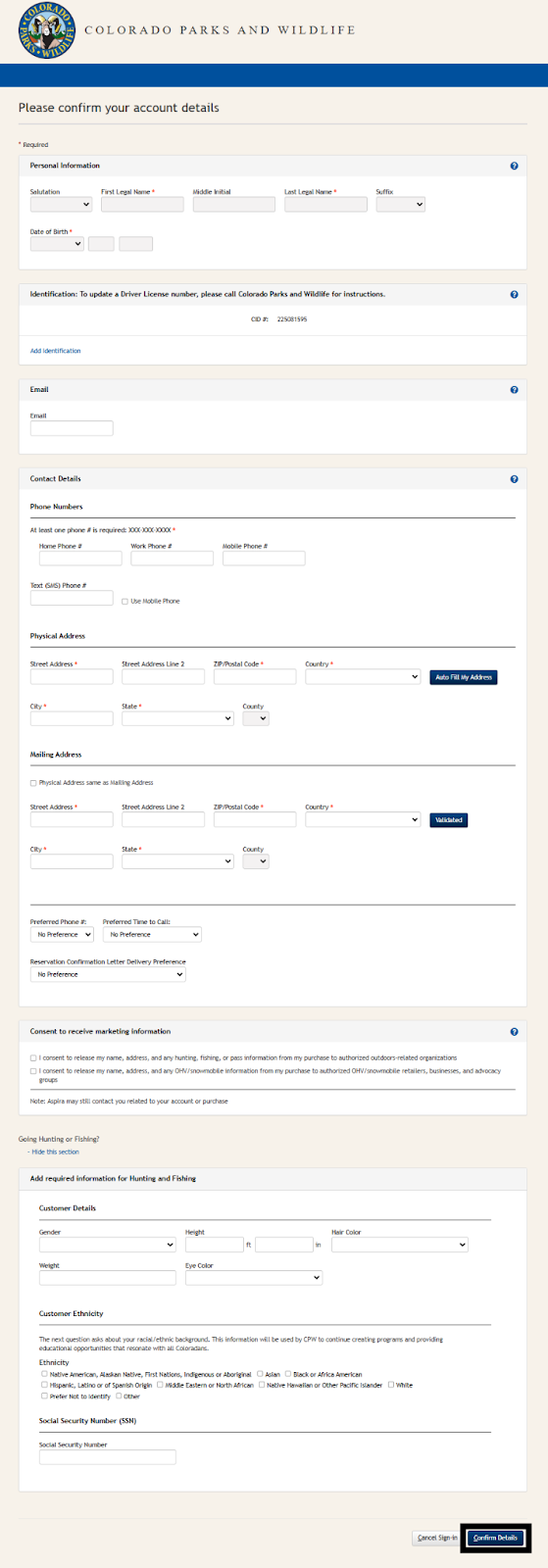 Screenshot of the CPWshop.com Customer Details Page. Black box highlighting the "Confirm Details" in the lower right-hand corner.