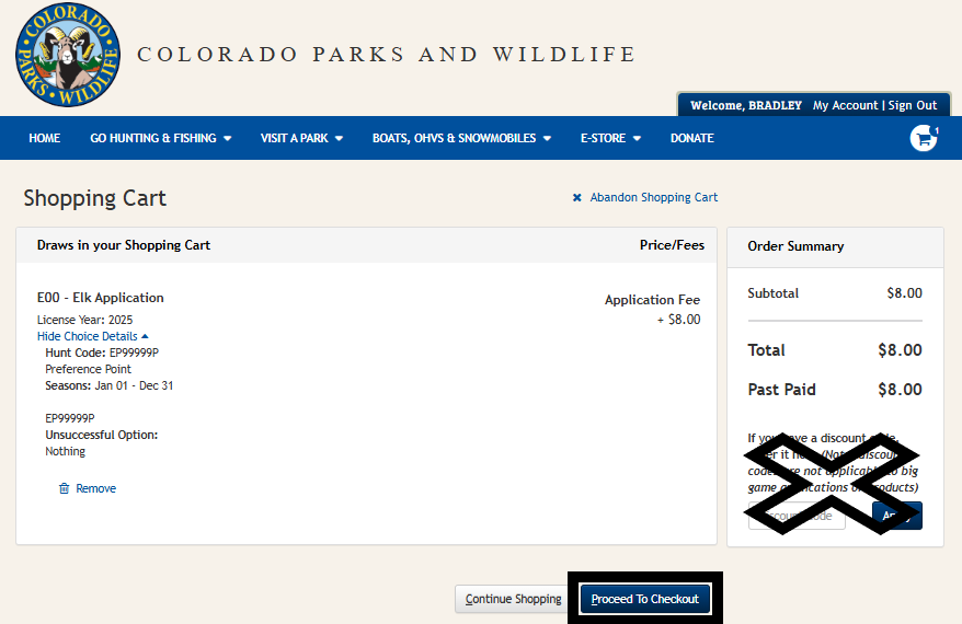 Screenshot of CPWshop.com application modification products in cart. Black box indicating "Proceed to checkout" button in the lower right-hand corner. Black X over discount code information. CPW does not offer discount codes for big game licenses or applications.