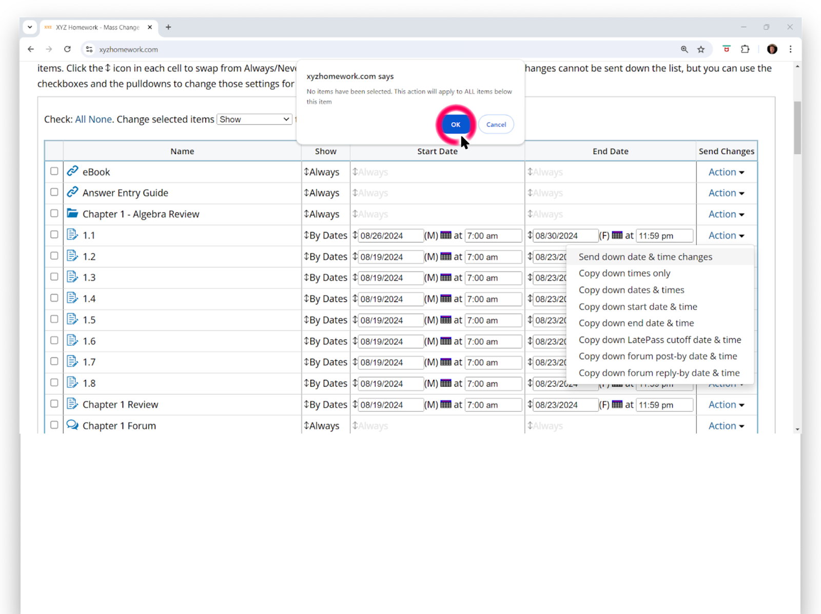 Image showing the Mass Change Dates screen with the warning that the chosen action will apply to all assignments below the selected assignment.