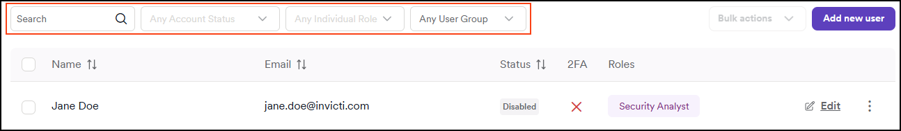 Use the search and filters to narrow down the list of users.
