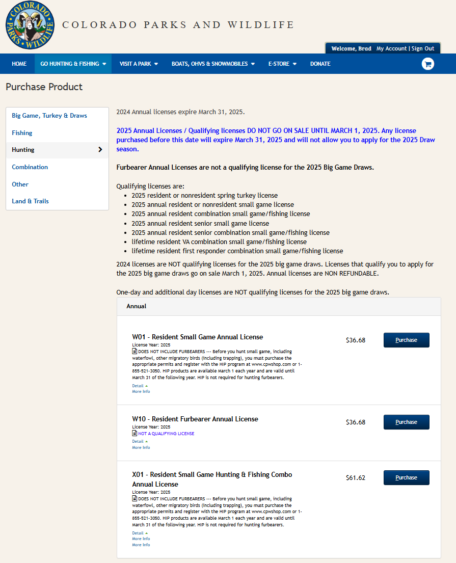 CPWshop.com resident small game license options page