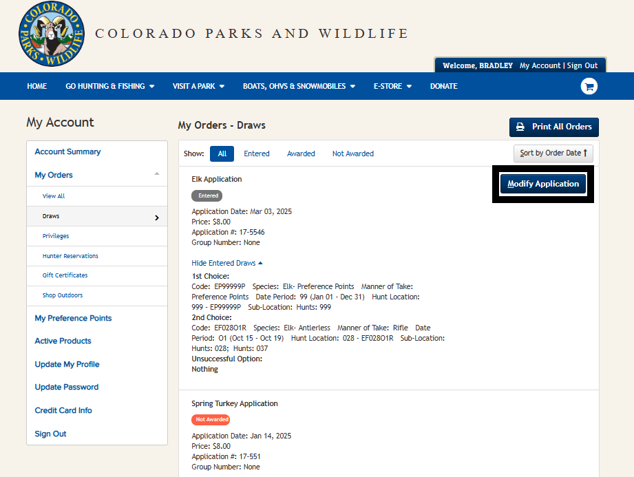 Screenshot of CPWshop.com, My Orders - Draws. Black box indicating the "Modify Application" button.