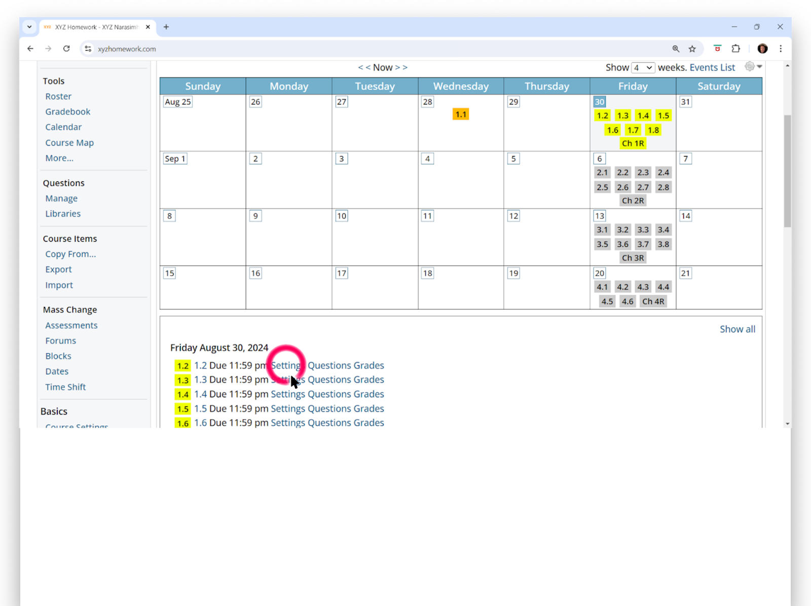 Image showing course homepage with the assignments due on the selected day listed below the calendar.