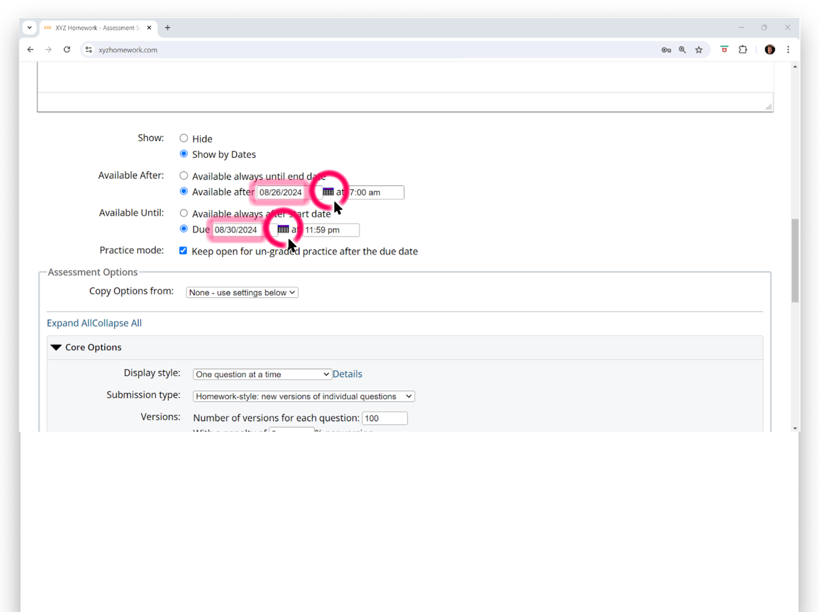 Image showing the settings screen where start and end dates can be adjusted for an individual assignment.