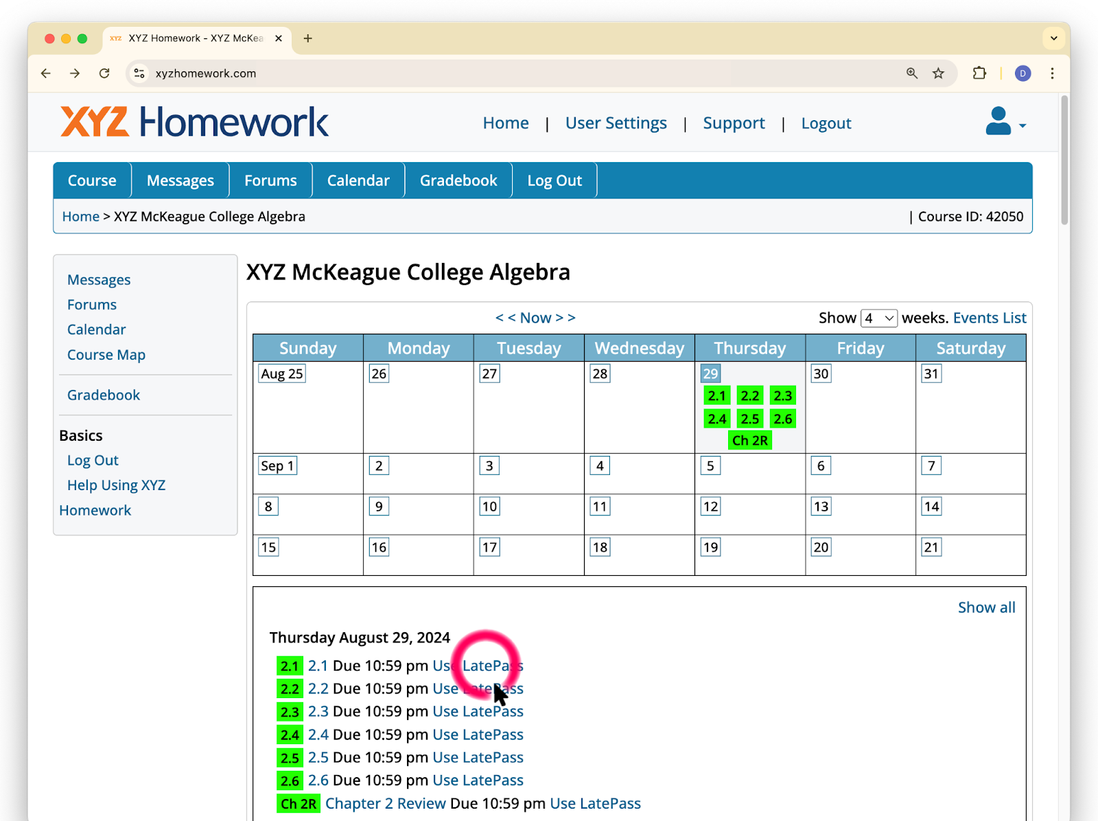 Image showing the main course page and calendar. Students will be able to select Use LatePass for past due assignments if the instructor has allowed it.