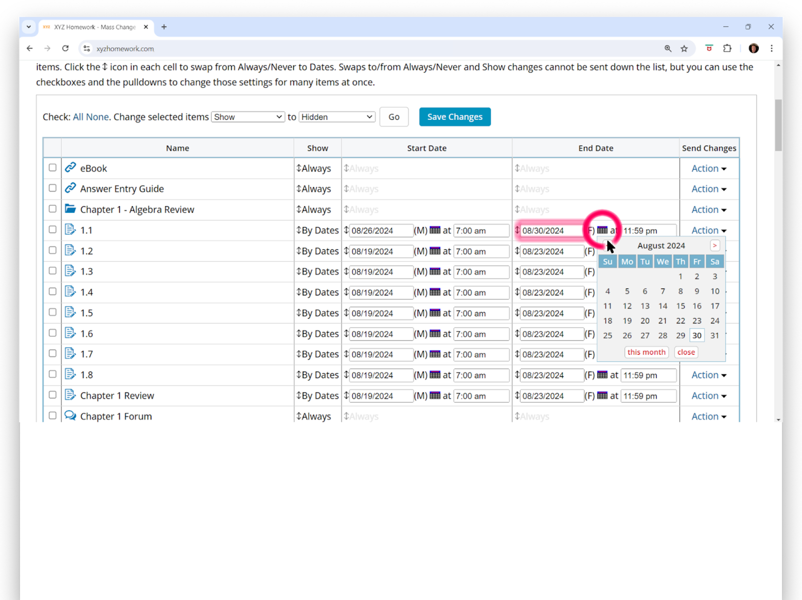 Image showing the Mass Change Dates screen with the steps to change the first assignment End Date.