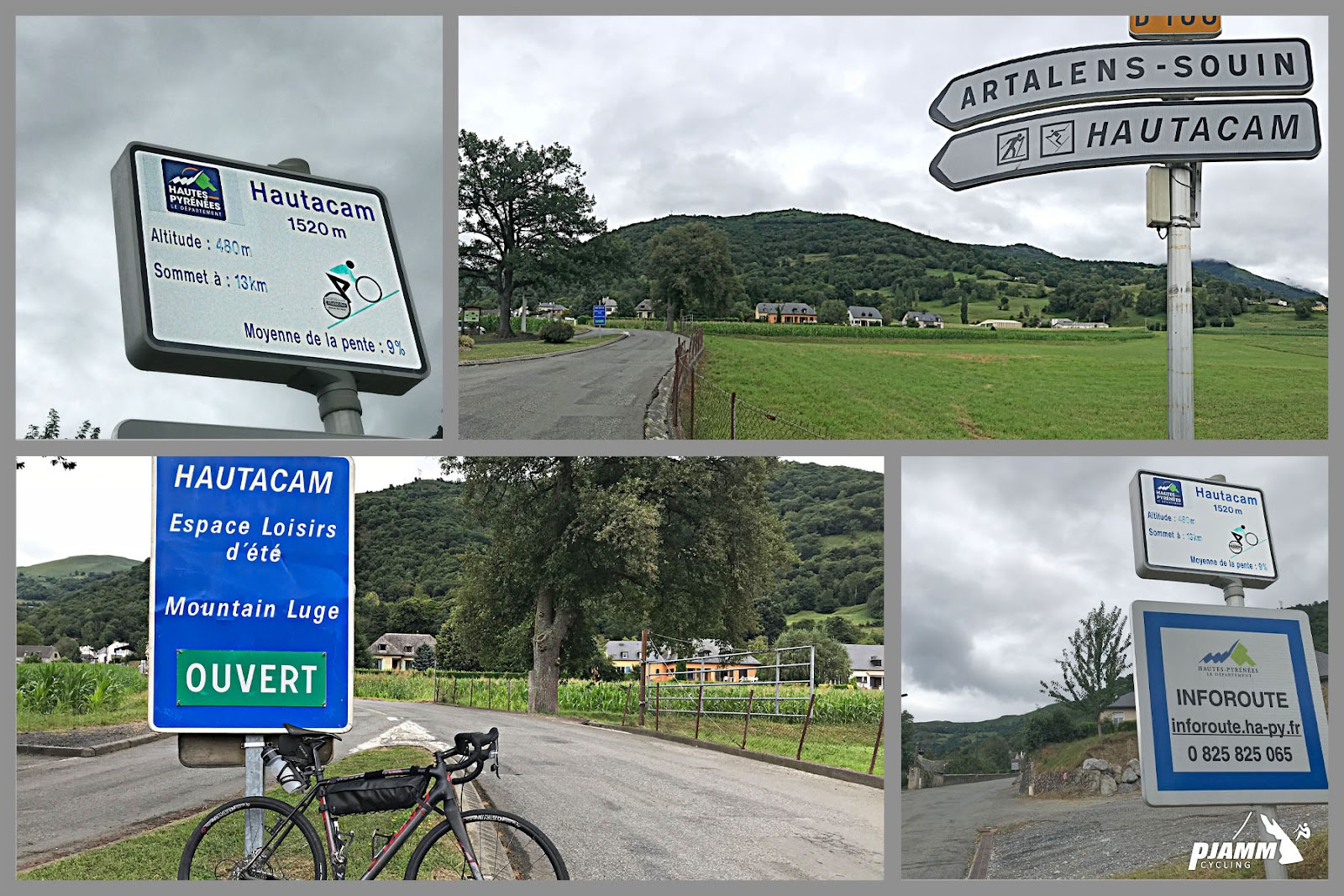 photo collage - bike parked against roadsign for Hautacam; start of climb