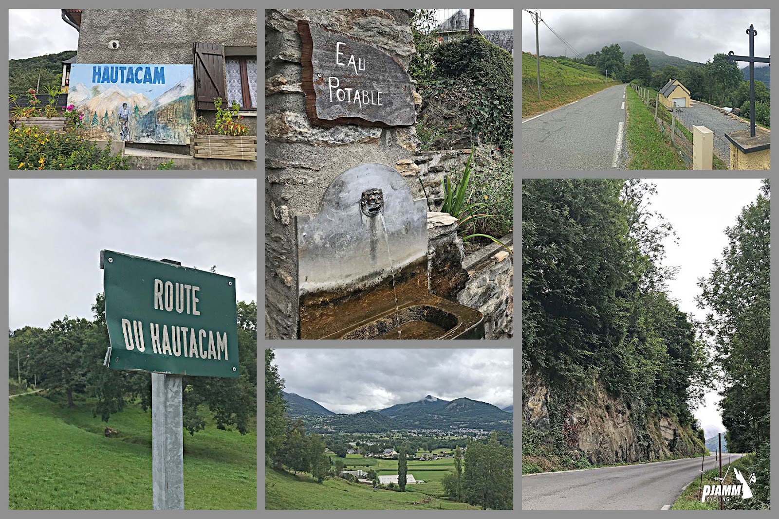 Photo collage shows PJAMM Cycling's climb up Huatacam; old stone drinking faucet, country road signs, lush green pastureland and single lane roadway