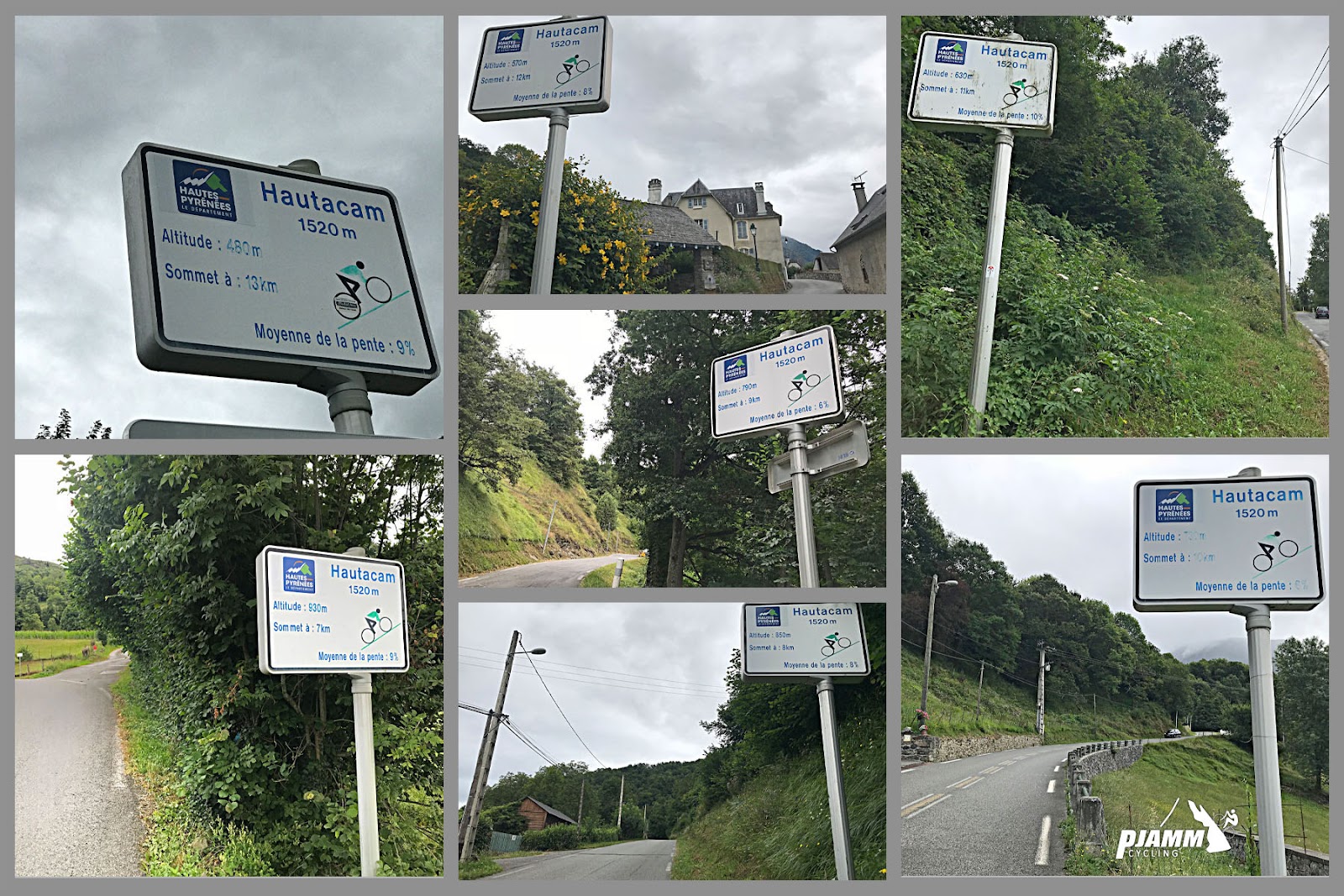 photo collage shows six road markers, each marking kilometers along the climb