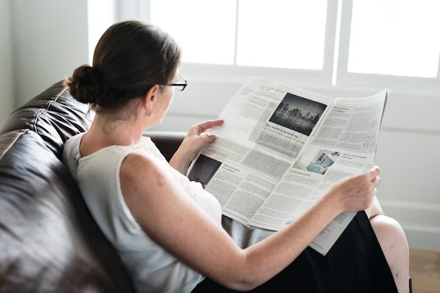 A woman reading a feature article in the newspaper