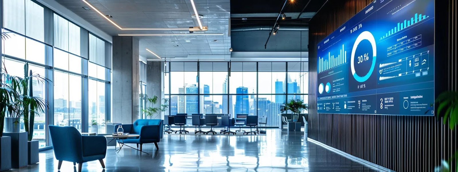 Modern office interior with large windows, blue chairs, and a digital display showing data analytics and energy efficiency metrics, emphasizing eco-friendly construction and sustainable building practices.