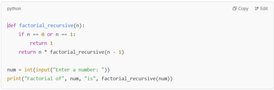 Recursive function to calculate factorial in Python.