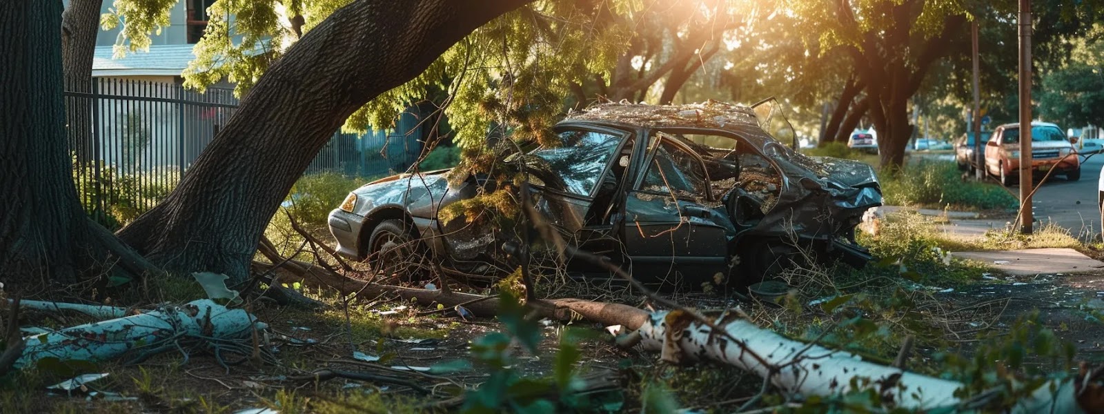 a car crashed into a tree, highlighting the misconception of minimum coverage in oklahoma.